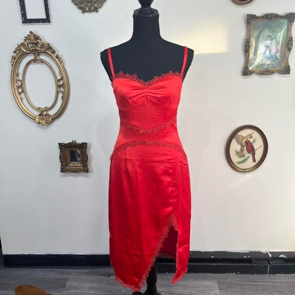 Foxiedox Red Lace Trim Slip Dress – Satin Midi with Criss Cross Back